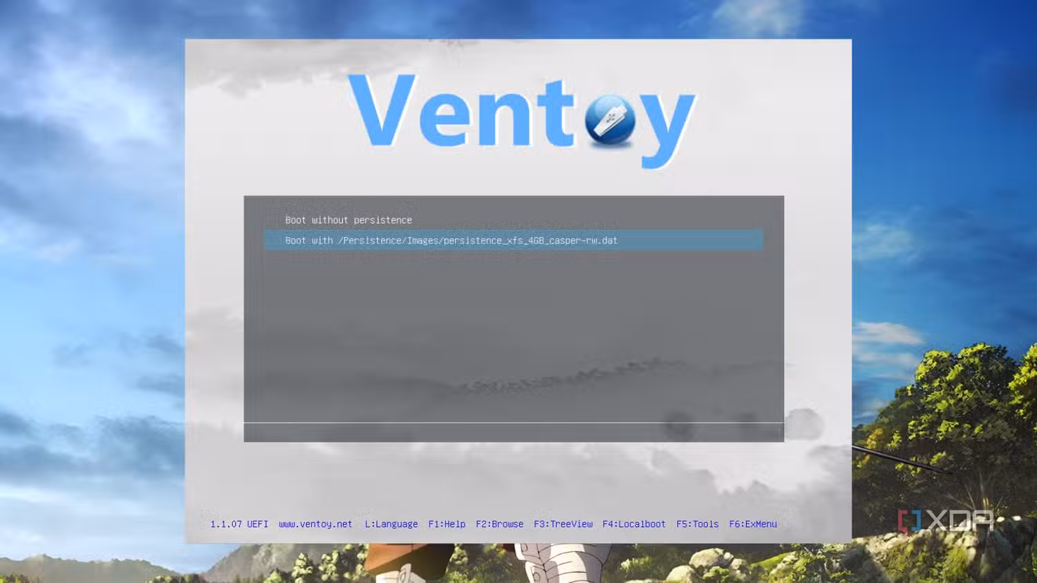 Ubuntu persistence boot option shown in a virtual machine started from Ventoy